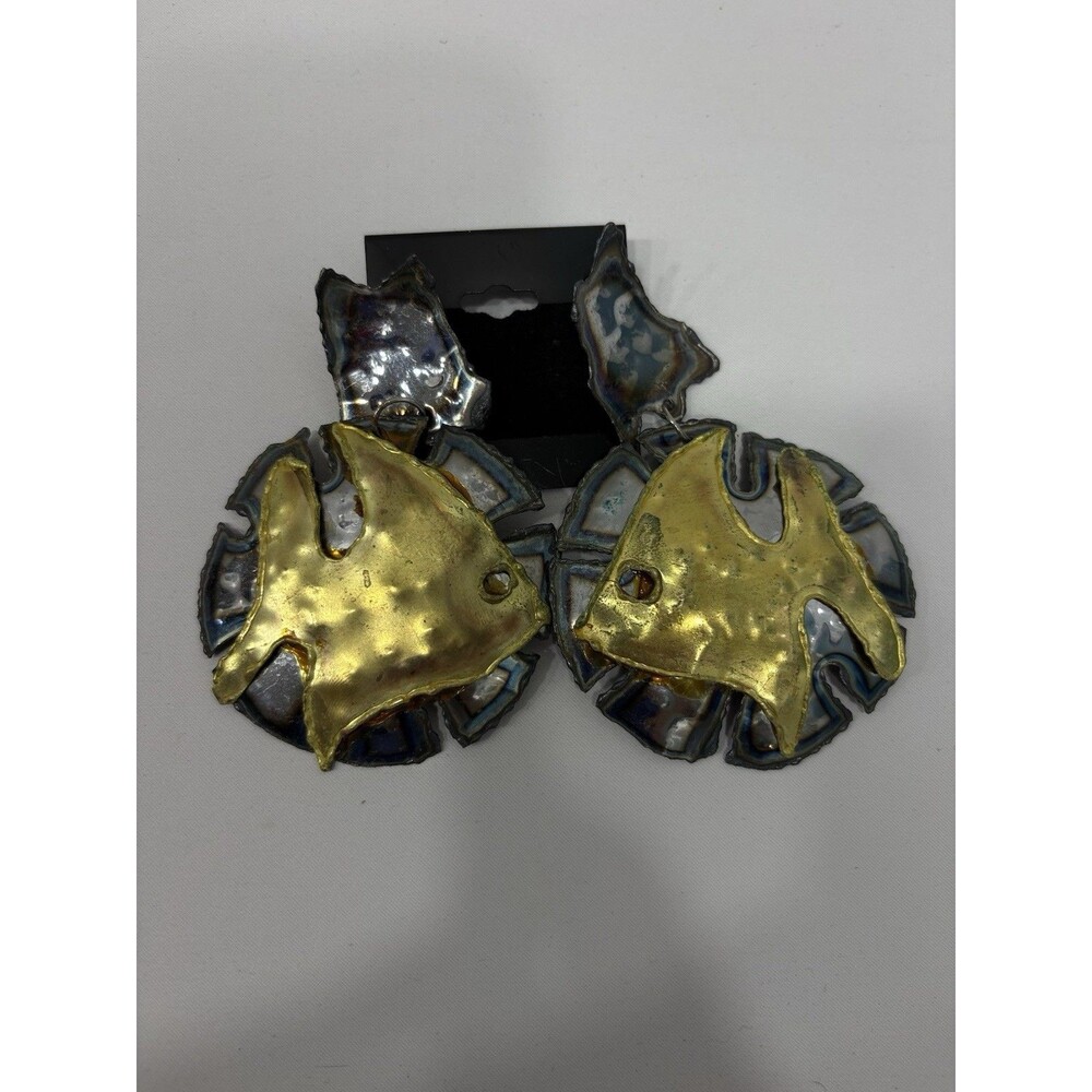 Oversized Artisan Metal Angelfish Earrings Brass Silver Mixed Metal Statement